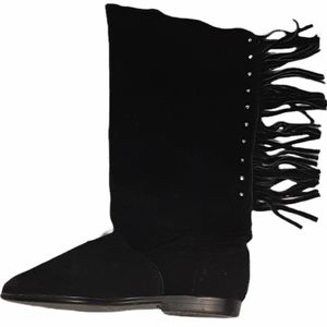 Fringed Suede Black Leather Boots - Women's 5